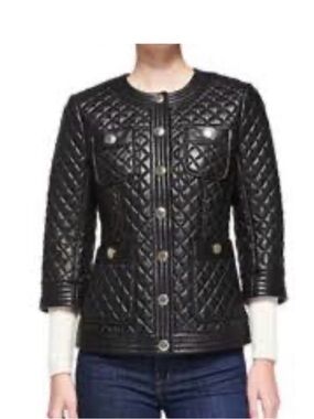 Neiman Marcus Black Vegan Leather Quilted 3/4 Sleeve Jacket L